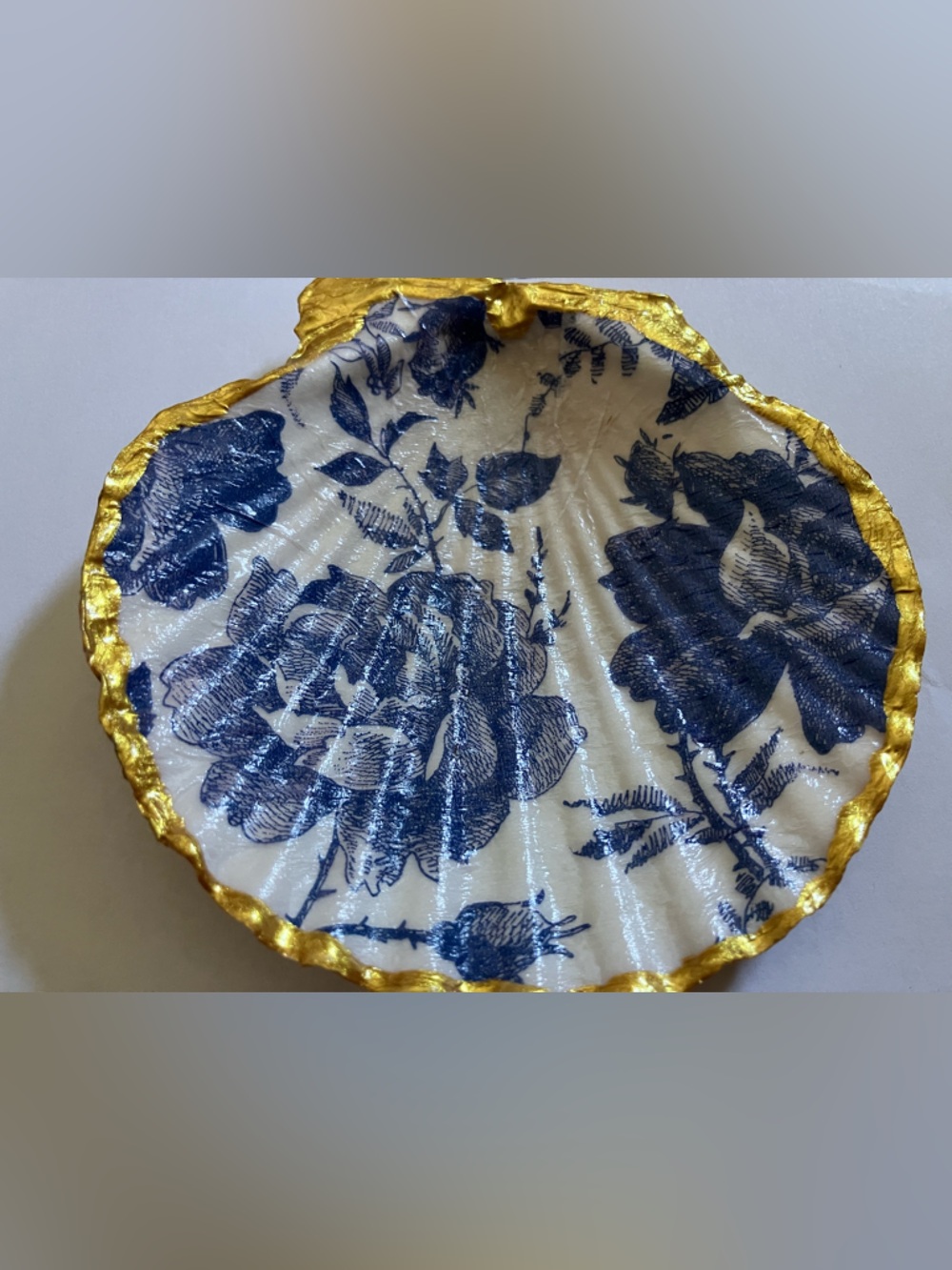 Handcrafted Blue Rose Floral Shell Dish Decoupage 4-5inch